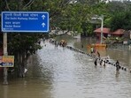 A view of Waterlogged street after the Yamuna River water flows above danger levels at Hanuman Temple, Kashmiri Gate in New Delhi, India, on Saturday. A view of Waterlogged street after the Yamuna River water flows above danger levels at Hanuman Temple, Kashmiri Gate in New Delhi, India, on Saturday.