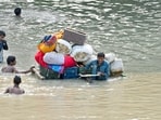 A view of Yamuna Khadar, after the flood water receded and situation improves near Mayur Vihar Phase-I, in New Delhi, India, on Sunday, July 16. (Photo by Sanjeev Verma/ Hindustan Times)