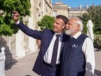 French President Emmanuel Macron and Prime Minister Narendra Modi capturing a selfie in Paris on Friday. (ANI Photo) French President Emmanuel Macron and Prime Minister Narendra Modi capturing a selfie in Paris on Friday. (ANI Photo)