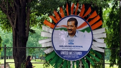 A Poster of Delhi chief minister Arvind Kejriwal has been put up on Sunday on the eve of the Opposition meeting in Bengaluru. (ANI Photo) A Poster of Delhi chief minister Arvind Kejriwal has been put up on Sunday on the eve of the Opposition meeting in Bengaluru. (ANI Photo)