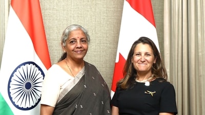 Union Finance Minister Nirmala Sitharaman meets Canadian Deputy Prime Minister and Minister of Finance Chrystia Freeland on the sidelines of the 3rd G20 Finance Ministers and Central Bank Governors (FMCBG) meeting, in Gandhinagar on Sunday. (ANI/ Ministry of Finance Twitter)