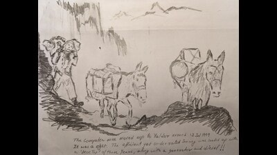 Brig Asthana’s sketch with his hand-written note inscribed at the bottom depicts donkeys ferrying computer, generator and diesel during Kargil War. (HT Photo) Brig Asthana’s sketch with his hand-written note inscribed at the bottom depicts donkeys ferrying computer, generator and diesel during Kargil War. (HT Photo)