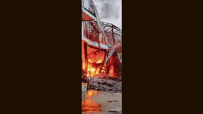 Fire at the toy making factory in Jandiali village near Kohara in Ludhiana on Saturday. Residents informed the fire department after seeing dense smoke coming out. (HT Photo)