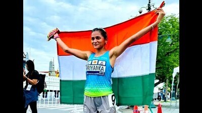 Meerut’s Priyanka Goswami after winning silver in 20-km race walk at Asian Athletics meet in Bangkok on Sunday. (Sourced) Meerut’s Priyanka Goswami after winning silver in 20-km race walk at Asian Athletics meet in Bangkok on Sunday. (Sourced)
