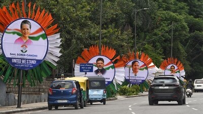 Posters of senior leaders of opposition parties come up in Bengaluru ahead of Monday’s meeting on Sunday. (ANI) Posters of senior leaders of opposition parties come up in Bengaluru ahead of Monday’s meeting on Sunday. (ANI)