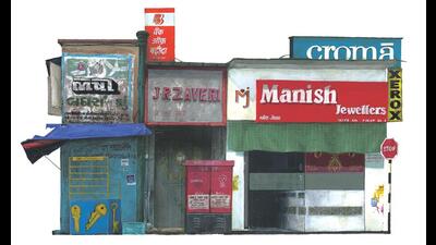 The Kulavoors delve into the Indian ethos in other works that form part of the exhibition. The siblings also created a series of six larger hand painted collages titled ‘Storefronts and signages’ that present an amalgamation of establishments that jostle for space on urban streets across cities. (HT PHOTO) The Kulavoors delve into the Indian ethos in other works that form part of the exhibition. The siblings also created a series of six larger hand painted collages titled ‘Storefronts and signages’ that present an amalgamation of establishments that jostle for space on urban streets across cities. (HT PHOTO)