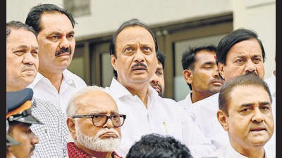 The meeting reportedly saw much genuflection to the senior Pawar. Sports minister Sanjay Bansode and deputy speaker of the assembly Narhari Zirwal went down on their knees while taking his “blessings”. Food and civil supplies minister Chhagan Bhujbal said that Pawar “remained their god, Lord Vitthal, and should continue blessing them”. (Anshuman Poyrekar/HT PHOTO) The meeting reportedly saw much genuflection to the senior Pawar. Sports minister Sanjay Bansode and deputy speaker of the assembly Narhari Zirwal went down on their knees while taking his “blessings”. Food and civil supplies minister Chhagan Bhujbal said that Pawar “remained their god, Lord Vitthal, and should continue blessing them”. (Anshuman Poyrekar/HT PHOTO)