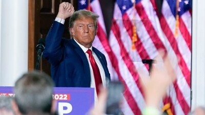 Donald Trump gestures after speaking at Trump National Golf Club in Bedminster. (AP) Donald Trump gestures after speaking at Trump National Golf Club in Bedminster. (AP)