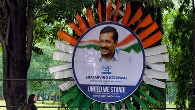 A poster of Delhi chief minister Arvind Kejriwal is put up on the eve of the Opposition meeting, in Bengaluru on Sunday. (ANI) A poster of Delhi chief minister Arvind Kejriwal is put up on the eve of the Opposition meeting, in Bengaluru on Sunday. (ANI)