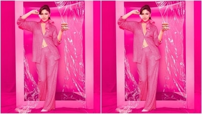 For her Barbie inspired look, the actress choose a sparkling co-ord set from the shelves of clothing brand Itrh while her styling is done by Mohit Rai. (Instagram/@bhumipednekar) For her Barbie inspired look, the actress choose a sparkling co-ord set from the shelves of clothing brand Itrh while her styling is done by Mohit Rai. (Instagram/@bhumipednekar)
