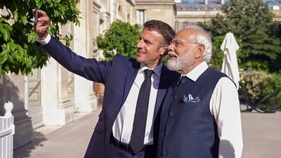 French President Emmanuel Macron and Prime Minister Narendra Modi capturing a selfie in Paris on Friday. (ANI Photo) French President Emmanuel Macron and Prime Minister Narendra Modi capturing a selfie in Paris on Friday. (ANI Photo)
