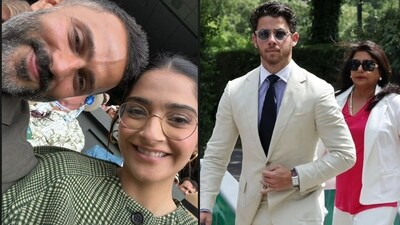 Sonam Kapoor, Anand Ahuja, Nick Jonas and Madhu Chopra at Wimbledon Finals 2023. Sonam Kapoor, Anand Ahuja, Nick Jonas and Madhu Chopra at Wimbledon Finals 2023.