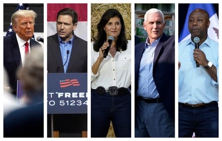 Former President Donald Trump, Florida Gov. Ron DeSantis, former U.N. Ambassador Nikki Haley, former Vice President Mike Pence and South Carolina Sen. Tim Scott. (AP) Former President Donald Trump, Florida Gov. Ron DeSantis, former U.N. Ambassador Nikki Haley, former Vice President Mike Pence and South Carolina Sen. Tim Scott. (AP)