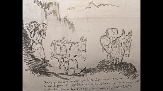 Brig Asthana’s sketch with his hand-written note inscribed at the bottom depicts donkeys ferrying computer, generator and diesel during Kargil War. (HT Photo)