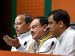 BJP National President JP Nadda along with party MPs Arun Singh and Anil Baluni addresses a press conference, at Party HQ in New Delhi on Monday. (ANI) BJP National President JP Nadda along with party MPs Arun Singh and Anil Baluni addresses a press conference, at Party HQ in New Delhi on Monday. (ANI)
