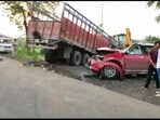 Six people were dead in an accident between a car and a truck under Sanodha police station area in Sagar district. (ANI)