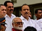 Maharashtra deputy CM Ajit Pawar and other ministers addressing to media after meeting NCP leader Sharad Pawar at Y B Chavan, in Mumbai, India, on Sunday, July 16, 2023.  (Photo by Anshuman Poyrekar/ Hindustan Times)