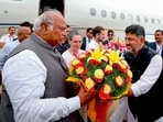 Mallikarjun Kharge and Sonia Gandhi being welcomed by Karnataka DCM DK Shivakumar upon their arrival at HAL airport ahead of the united opposition meeting in Bengaluru on Monday. Mallikarjun Kharge and Sonia Gandhi being welcomed by Karnataka DCM DK Shivakumar upon their arrival at HAL airport ahead of the united opposition meeting in Bengaluru on Monday.
