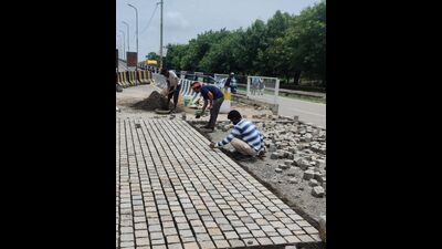 A stretch in Lucknow undergoing ‘texture surfacing’ as part of the road safety works, in Lucknow.