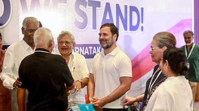 Congress party leaders Sonia Gandhi, Rahul Gandhi and CPI(M) leaders Sitaram Yechury, D Raja, RJD chief Lalu Yadav and West Bengal CM Mamata Banerjee during the Opposition leaders' dinner meeting, in Bengaluru on Monday. (Congress Twitter) Congress party leaders Sonia Gandhi, Rahul Gandhi and CPI(M) leaders Sitaram Yechury, D Raja, RJD chief Lalu Yadav and West Bengal CM Mamata Banerjee during the Opposition leaders' dinner meeting, in Bengaluru on Monday. (Congress Twitter)