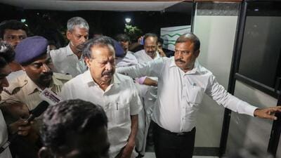 Enforcement Directorate officials take Tamil Nadu Higher Education Minister K Ponmudy for enquiry after day-long searches at his premises in connection with a money laundering case, in Chennai on Monday. (PTI) Enforcement Directorate officials take Tamil Nadu Higher Education Minister K Ponmudy for enquiry after day-long searches at his premises in connection with a money laundering case, in Chennai on Monday. (PTI)