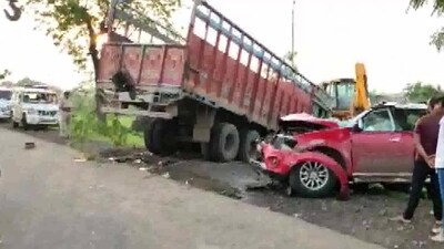 Six people were dead in an accident between a car and a truck under Sanodha police station area in Sagar district. (ANI)