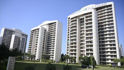 Gurugram, India-February 07, 2023: One year will be completed since the Chintels Paradiso incident on 10th February; Chintels Paradiso society in Sector 109 of Gurugram, where a portion tower D of a sixth-floor apartment collapsed all the way down to the first floor killing one woman one year ago near Euro International School, in Gurugram, India, on Tuesday, 07 February 2023. (Photo by Parveen Kumar/Hindustan Times)