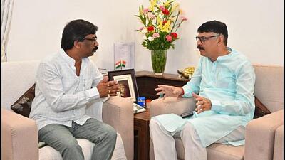 Jharkhand Congress president Rajesh Thakur met CM Hemant Soren at the latter’s residence in Ranchi on Monday. (ANI) Jharkhand Congress president Rajesh Thakur met CM Hemant Soren at the latter’s residence in Ranchi on Monday. (ANI)