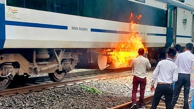 The battery box in a coach of the Bhopal-Delhi Vande Bharat Express heading from Madhya Pradesh capital Bhopal to New Delhi caught fire on Monday morning. No injury was reported to anyone in the incident, an official said. (PTI) The battery box in a coach of the Bhopal-Delhi Vande Bharat Express heading from Madhya Pradesh capital Bhopal to New Delhi caught fire on Monday morning. No injury was reported to anyone in the incident, an official said. (PTI)