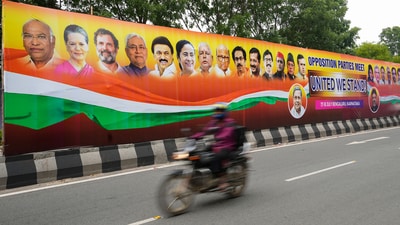 A poster of opposition leaders put up outside the venue of the united opposition meeting. (PTI) A poster of opposition leaders put up outside the venue of the united opposition meeting. (PTI)