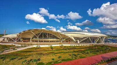 The architectural design of the airport terminal resembles a shell-shaped structure, depicting the sea and islands. (PTI photo) The architectural design of the airport terminal resembles a shell-shaped structure, depicting the sea and islands. (PTI photo)