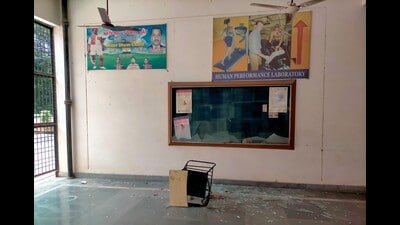The damaged notice board of one of the departments of AU on July 12. (HT File Photo) The damaged notice board of one of the departments of AU on July 12. (HT File Photo)