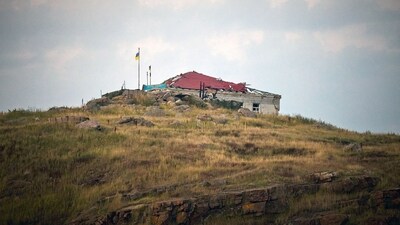 This photograph released by the Ukrainian Presidency on July 8, 2023, shows a partially destroyed building on the Snake Island (Zmiinyi Island), Odesa region, Ukraine. (AFP)