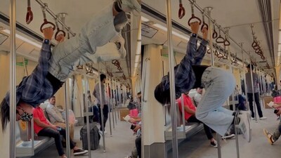 Woman does calisthenics in the metro. (Instagram/@jagjotkaur) Woman does calisthenics in the metro. (Instagram/@jagjotkaur)