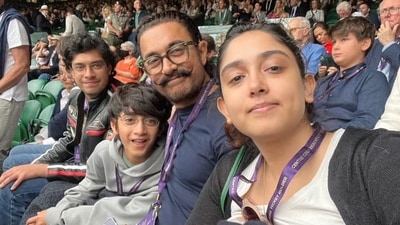 Aamir Khan watched the Wimbledon men's final at All England Club in London on Sunday. This picture shared by Ira Khan also shows her brothers Junaid Khan and Azad Rao Khan. Aamir Khan watched the Wimbledon men's final at All England Club in London on Sunday. This picture shared by Ira Khan also shows her brothers Junaid Khan and Azad Rao Khan. 