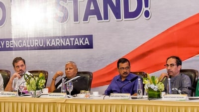 Congress leader Rahul Gandhi, Delhi CM Arvind Kejriwal, RJD chief Lalu Prasad Yadav and Shiv Sena (UBT) chief Uddhav Thackeray during the Opposition leaders' dinner meeting, in Bengaluru on Monday. (ANI) Congress leader Rahul Gandhi, Delhi CM Arvind Kejriwal, RJD chief Lalu Prasad Yadav and Shiv Sena (UBT) chief Uddhav Thackeray during the Opposition leaders' dinner meeting, in Bengaluru on Monday. (ANI)