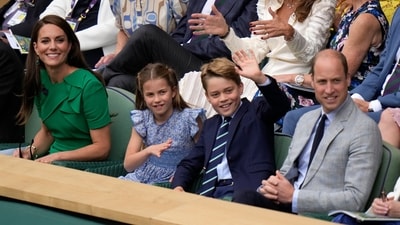 Kate Middleton, known as Catherine, Princess of Wales now, seen along with Prince William and their kids -- Princess Charlotte and Prince George in the Royal Box on Centre Court for the final of the Wimbledon's men's singles. (AP)