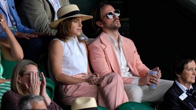 Emma Watson of Harry Potter fame was seen in a white top and pink pants look along with a hat as she watched the men's singles between Spain's Carlos Alcaraz and Serbia's Novak Djokovic. (AP)