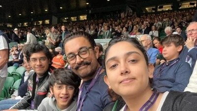 Aamir Khan with Ira, Junaid and Azad at the Wimbledon finals, Aamir Khan with Ira, Junaid and Azad at the Wimbledon finals,