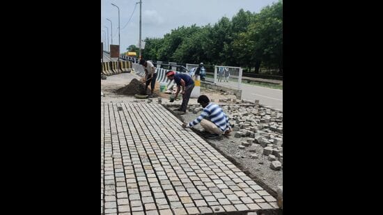 A stretch in Lucknow undergoing ‘texture surfacing’ as part of the road safety works, in Lucknow.
