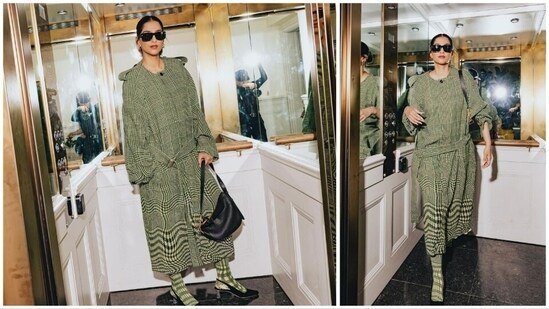 Sonam Kapoor, who was in London to watch Wimbledon 2023, returned to Mumbai on Monday morning with her husband Anand Ahuja. For the finals, the actor made an edgy appearance in Burberry outfit and accessories.&nbsp;(Instagram/@rheakapoor)