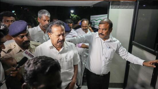 Enforcement Directorate officials take Tamil Nadu Higher Education Minister K Ponmudy for enquiry after day-long searches at his premises in connection with a money laundering case, in Chennai on Monday. (PTI)
