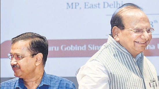LG VK Saxena and CM Arvind Kejriwal at an event in June. (ANI)