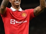 Manchester United's English striker Marcus Rashford indicates it's his 100th Man Utd goal Manchester United's English striker Marcus Rashford indicates it's his 100th Man Utd goal