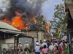 Imphal: Unidentified miscreants torch two houses in retaliation against he killing of nine civilians by Kuki militants, in Manipur, Thursday, Jun 15, 2023. (PTI) Imphal: Unidentified miscreants torch two houses in retaliation against he killing of nine civilians by Kuki militants, in Manipur, Thursday, Jun 15, 2023. (PTI)
