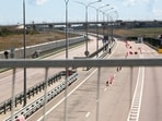 A view of an empty highway to the closed Crimean Bridge connecting Russian mainland and Crimean peninsula. A view of an empty highway to the closed Crimean Bridge connecting Russian mainland and Crimean peninsula.