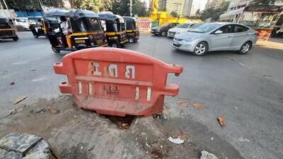 A barricade placed on the pothole (HT FILE PHOTO)