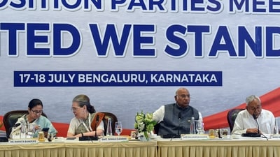 Congress Parliamentary Party (CPP) Chairperson Sonia Gandhi in a conversation with West Bengal Chief Minister Mamata Banerjee during the second day of the joint Opposition meeting, in Bengaluru on Tuesday. Congress President Mallikarjun Kharge and Bihar CM Nitish Kumar are also present. (ANI) Congress Parliamentary Party (CPP) Chairperson Sonia Gandhi in a conversation with West Bengal Chief Minister Mamata Banerjee during the second day of the joint Opposition meeting, in Bengaluru on Tuesday. Congress President Mallikarjun Kharge and Bihar CM Nitish Kumar are also present. (ANI)