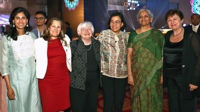 Union Finance Minister Nirmala Sitharaman with Gita Gopinath, First Deputy Managing Director (FDMD), International Monetary Fund (IMF), Canada Finance Minister Chrystia Freeland, United States Secretary of the Treasury, Janet Yellen, Indonesia Finance Minister Mulyani Indrawati and Kristalina Georgieva, MD, IMF at the 3rd G20 Finance Ministers and Central Bank Governors meeting gala dinner under the G20 India Presidency, in Gandhinagar on Tuesday. (ANI Picture Service )