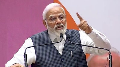Prime Minister Narendra Modi addresses the National Democratic Alliance (NDA) leaders meeting, in New Delhi on Tuesday. (ANI )